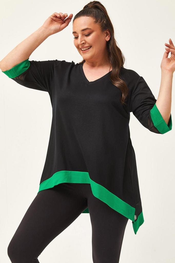 Women's Big Size Blouse Plus Size Black-Green Blouse with Tulle Detail On Sleeves and Skirt