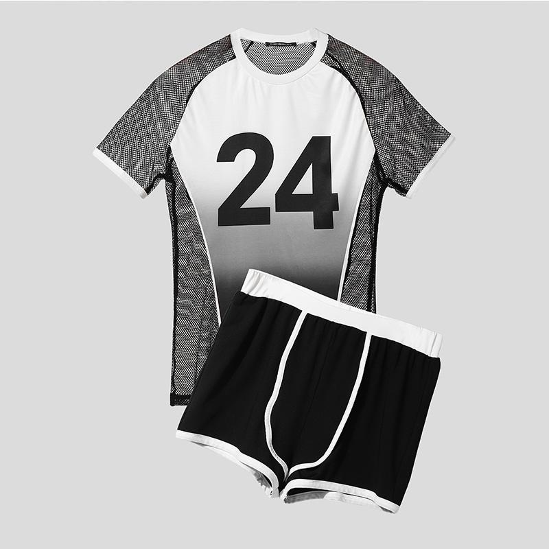 

INCERUN Two-piece Suits Men Mesh Sheer Patchwork Tops Shorts Outfit Casual Sport Sets 2XL сірий колір