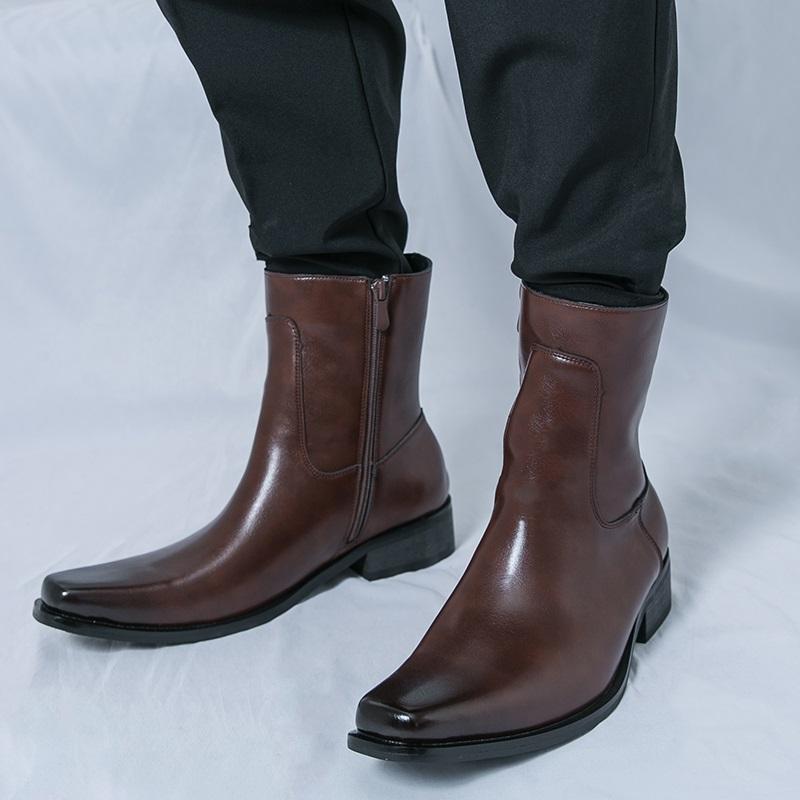 Luxury Designer New Men's Pointed Black Brown Patent Leather Casual Ankle Boot Male Winter High Tops Hoes Zapatos Hombre