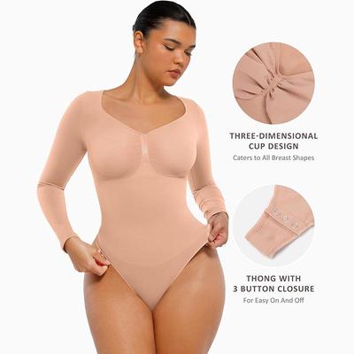 Hochelastischer Taillenformender Druckknopf V-Ausschnitt Langarm Nahtloser String-Body für Damen