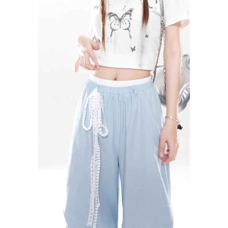 Blue overalls women's dopamine new summer casual quick-drying straight sports wide-leg pants