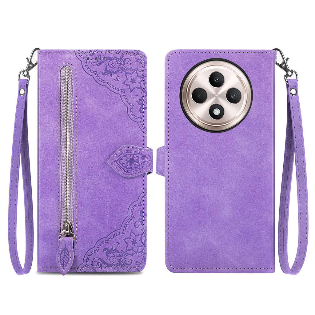 For Oppo Reno12 F 5G Zipper Wallet Case with Strap Flower Imprint PU Leather Phone Cover