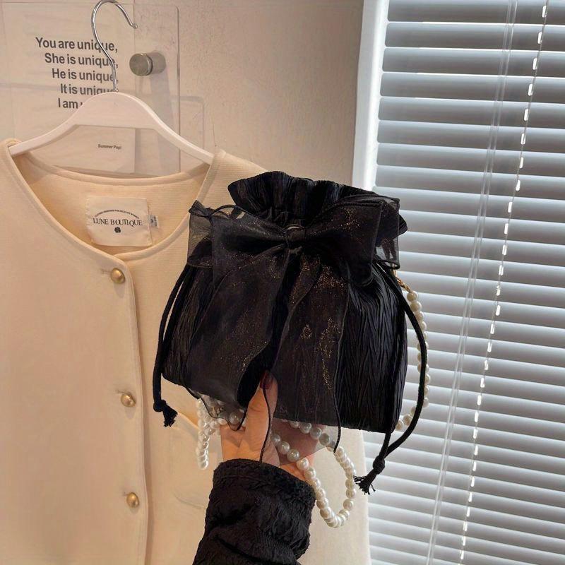 Chic Bowknot Canvas Crossbody Bag with Faux Pearl Chain Versatile & Stylish Bucket Shoulder Purse for Women