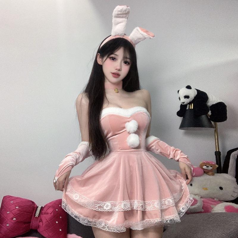 Sexy Lingerie New Velvet Strapless Lace Dress Sleeves Cute Bunny Girl Christmas Outfit Set Ball Cosplay Uniform Temptation