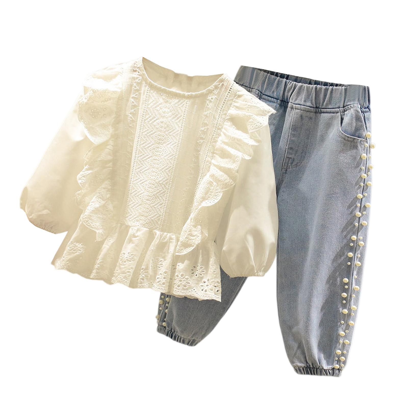 

Girls Lace & Pearl Set - Embroidered Top & Jeans 140 синій