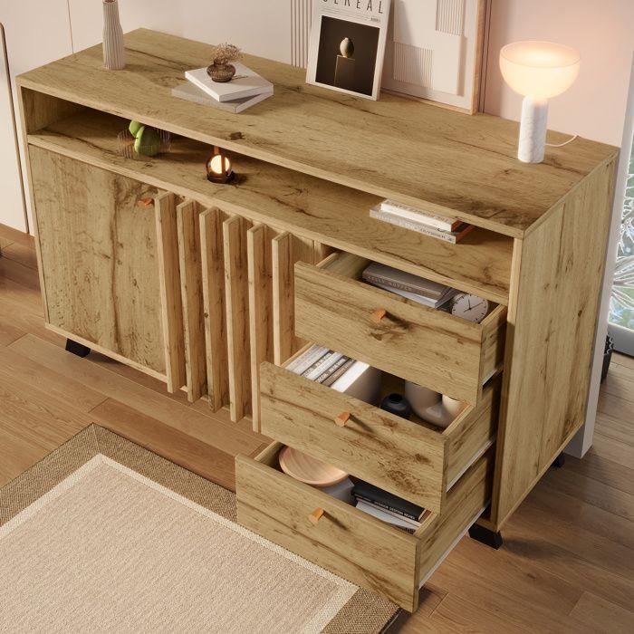 Buffet - 3 Drawers and 2 Doors - Storage Furniture - Adjustable Shelf - Living Room, Dining Room, In Dark Oak, 120x40x85 Cm