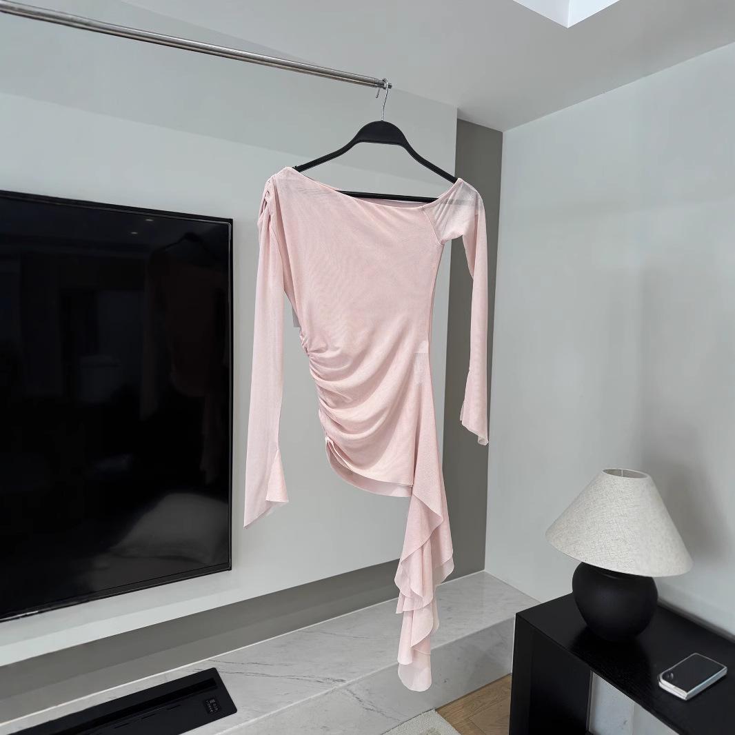 

2025 Spicy Girl Spring Off-Shoulder Irregular Mesh Top for Women Medium рожевий