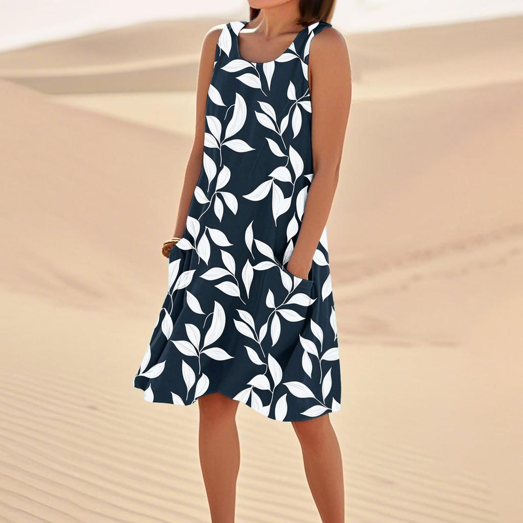 Women's Casual Summer Floral Print Sleeveless Pocket Dress