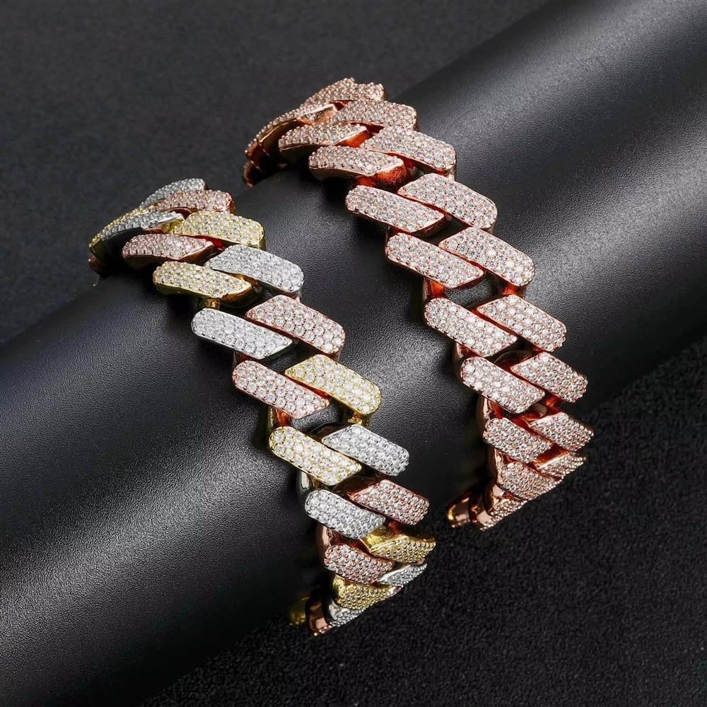 20mm Iced Out 5A CZ Messing Drei Töne Krappen Cuban Link Armband Kastenverschluss Hip Hop Schmuck für Herren