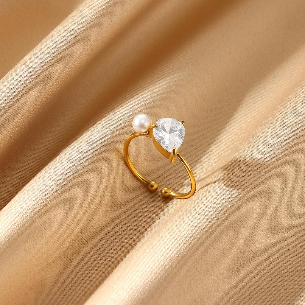 Mini Gold Color Opening Rings Cute Women Zirconia Imitation Pearl Anillos Flower Stainless Steel Ring Romantic Proposal Jewelry