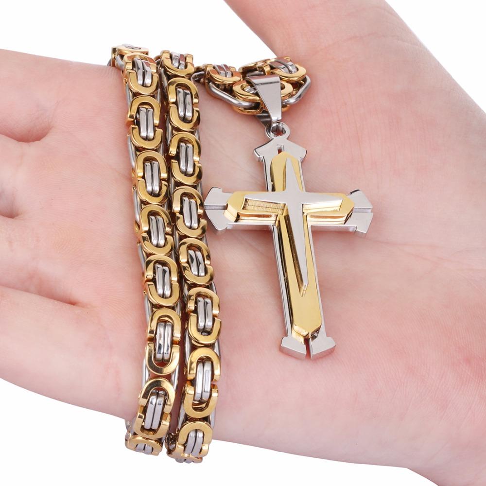 Stainless Steel Pendant Necklace 3 Layer Knight Cross  Silver Color Strong Byzantine Chain Mens Fashion Jewelry Fathers Gift
