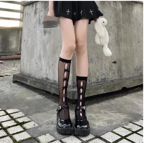 Korean Lolita Girls White Black High Long Socks Japanese Style Velvet Bow Knee Sweet Kawaii Cute Mesh Fishnet Stockings