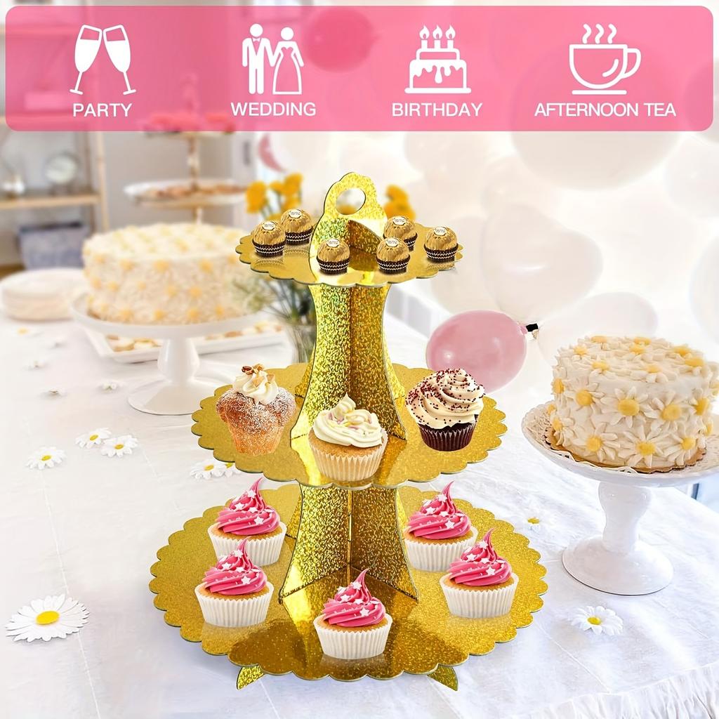 2 Sets 3-Tier Cupcake Stand - Cardboard Cupcake Tower - Dessert Display for Birthday Wedding Party