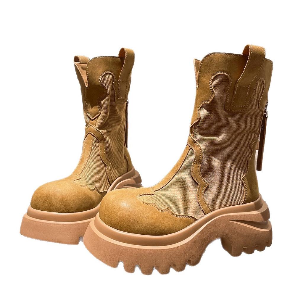 Niche Round-headed Short Boots for Women's 2025 Autumn New Ethnic Style Big-headed Thick-soled Denim Fashion Popular Martin Boots