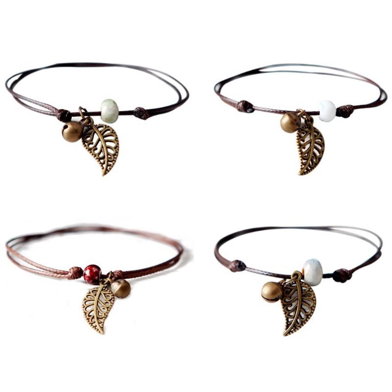 Vintage Nature-Inspired Ceramic Bead Bracelet with Leaf Pendant for Couples