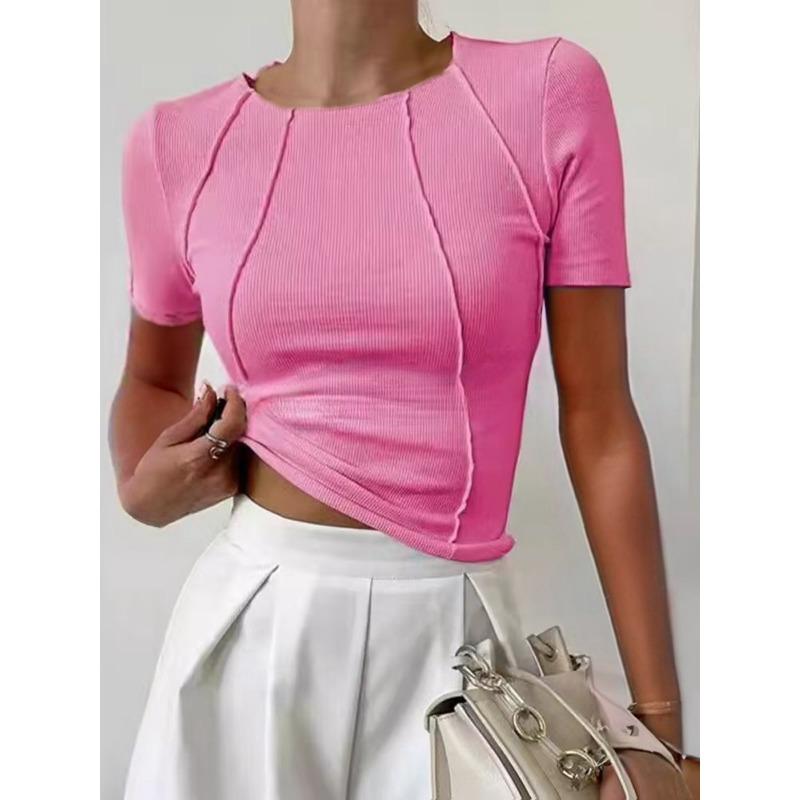 Dámské jednobarevné tričko s rozparkem na hrudi a kulatým výstřihem Nový letní přiléhavý top