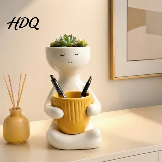 Cute Zen Home Decor Smiling Face Plant Pot, Double Planting Space Planter, Resin Layered Landscaping Planter Sitting Figure Flowerpot for Succulents,