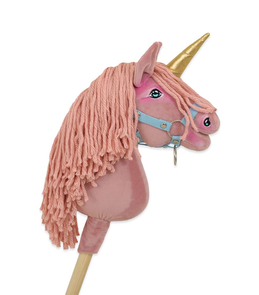Hobby Horse Unicorn On a Stick, Small, Dusty Pink with Pink Mane and Gold Horn