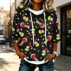 Women's Casual 3/4 Sleeve Hooded Christmas Print Top Festive Pullover T-Shirt for Holiday Outfits
