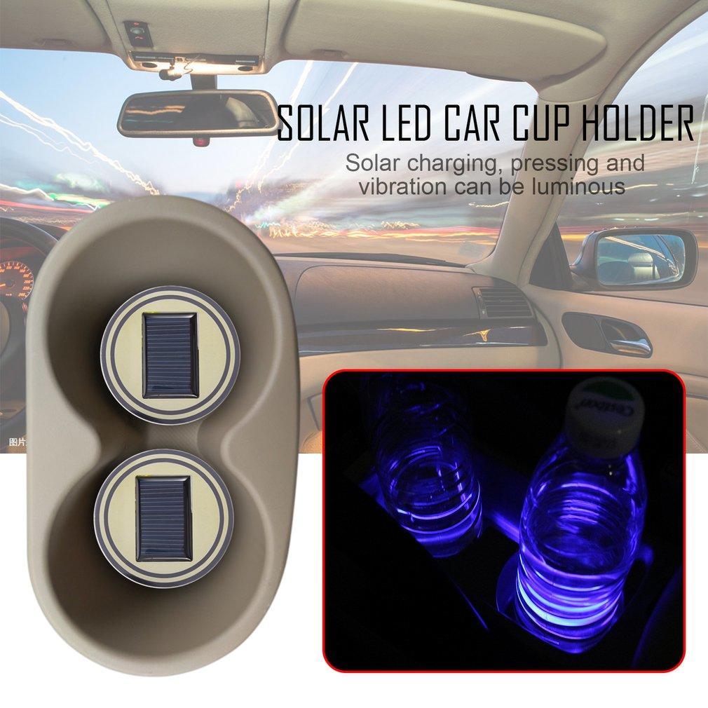 2pcs Solar Powered Cup Holder Bottom Pad LED Light Cover Trim For Car Home