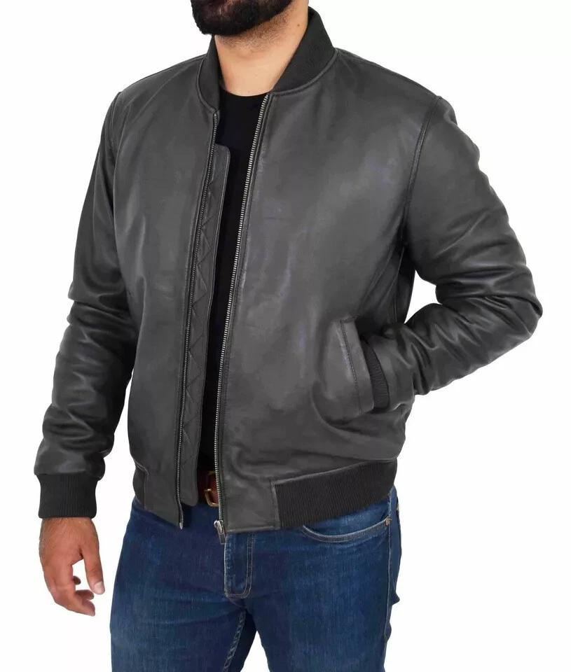 Gray New Men Genuine Lambskin Leather Jacket Motorcycle Biker Stylish Black Handmade