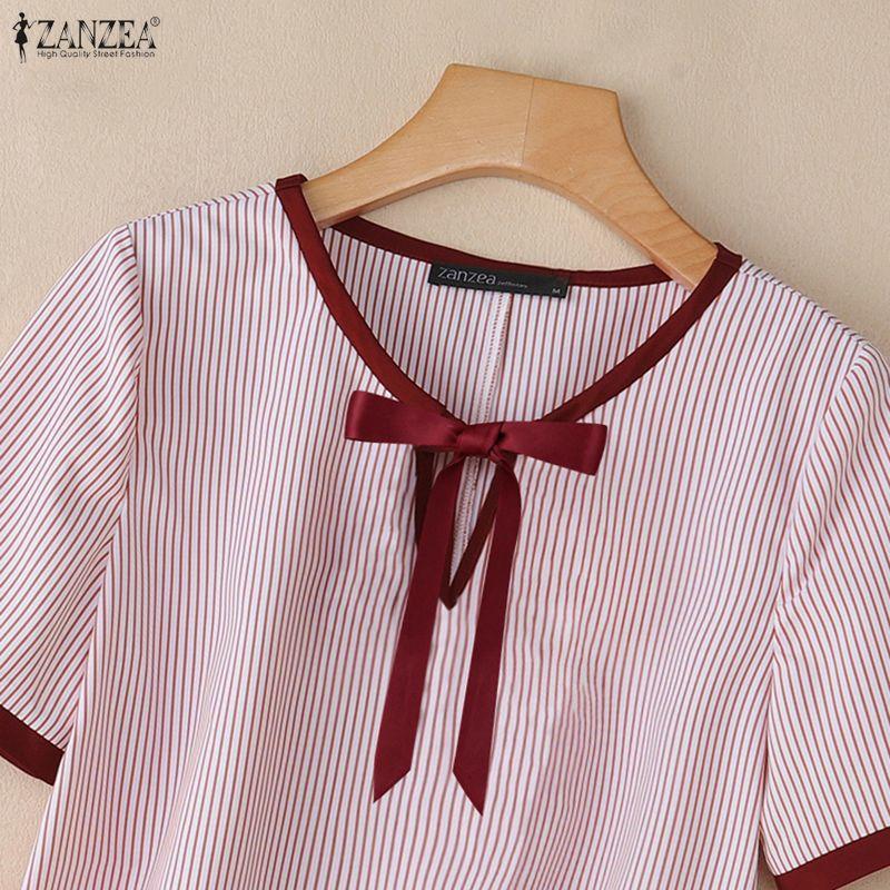 ZANZEA Women Casual Round Neck Loose Short Sleeve Stripe Blouse