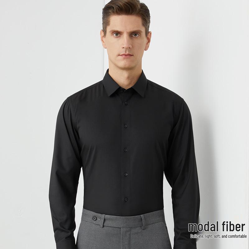 Men's Modal Stretch Long Sleeve Shirt - Non-Iron White, Spring & Autumn Style, Customizable LOGO, Professional Wear.