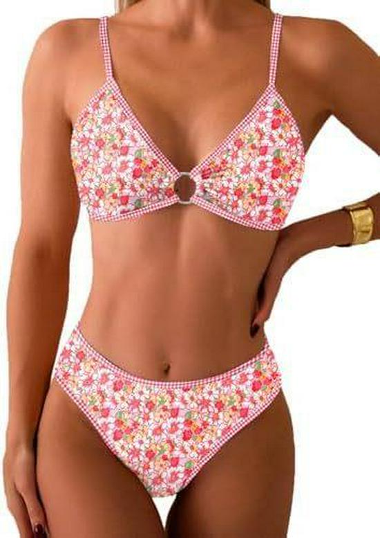 Verspielter Floral 2025O Damen Zweiteiliger Bikini mit Ring-Verknüpftem Dreiecksdesign