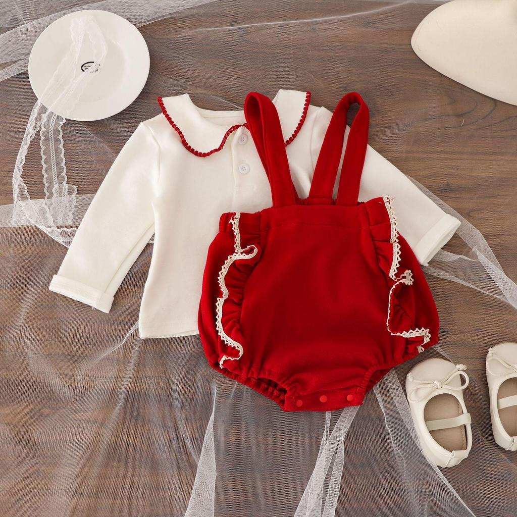 2025 Autumn Korean Style Baby Girl Long Sleeve Outfit - 1 Year Old Full Moon Overalls Set