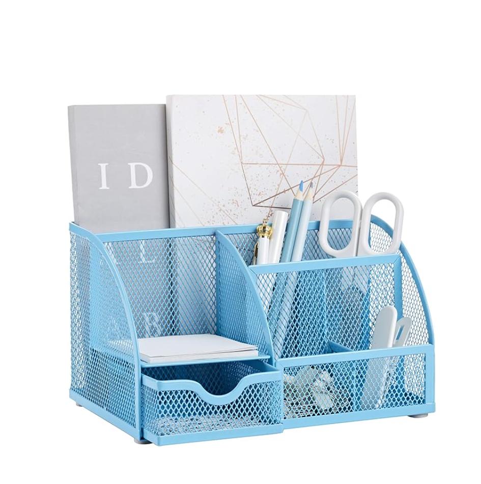Mesh Desk Organizer with Drawer Multi-functional Pen Holder Stationery Organizer Office School Supplies 6 Compartments чёрный