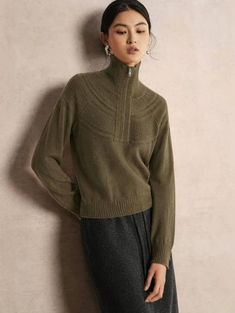 Women's Wool High Neck Half-Zip Jacquard Loose Knit Sweater for Autumn and Winter