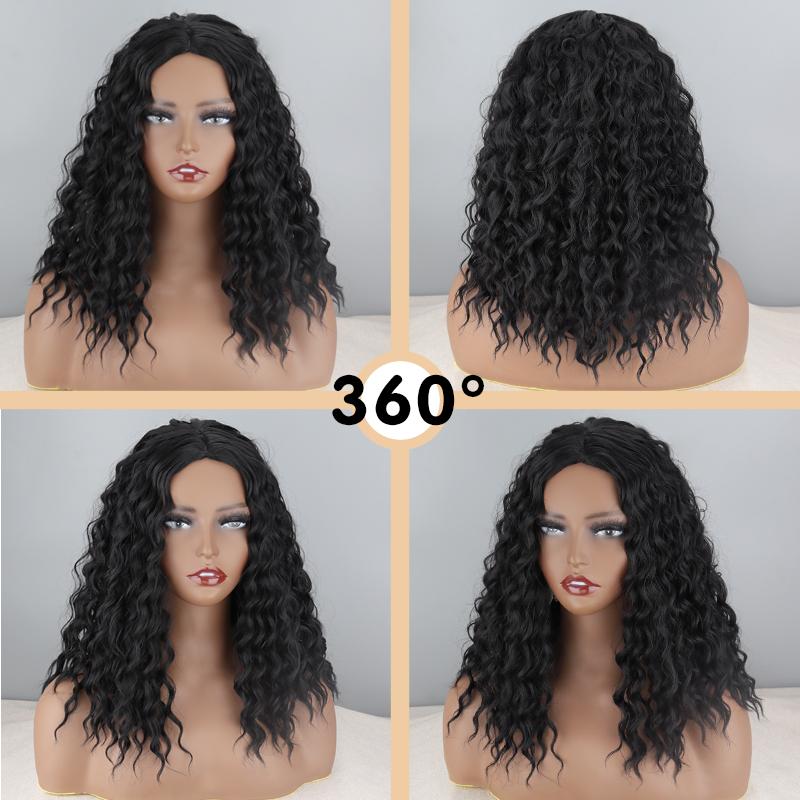 XINRAN Afro Dames Mode Schouderlengte Kinky Krullend Natuurlijk Zwart Pruik Zonder Pony Synthetische Vezel Diep Krullend Zwart Pruik