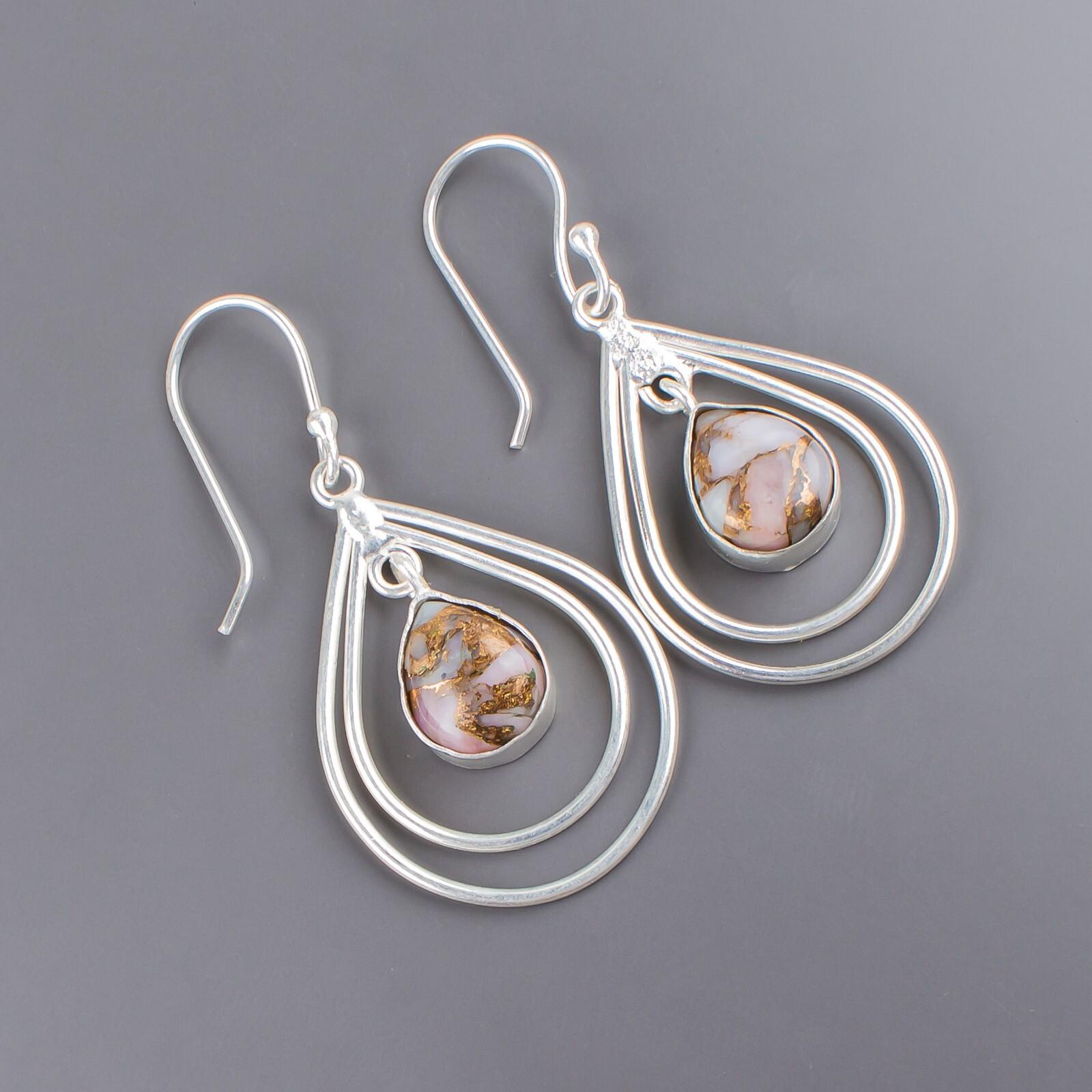

925 Sterling Silver Pink Opal Copper Gemstone Designer Jewelry Earrings 2.00 EE-34-34