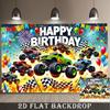 2D Plane, Featuring a Birthday Greeting Banner with a Giant Truck, Balloons, Fireworks and Grid Flags - Wheel-shaped Design