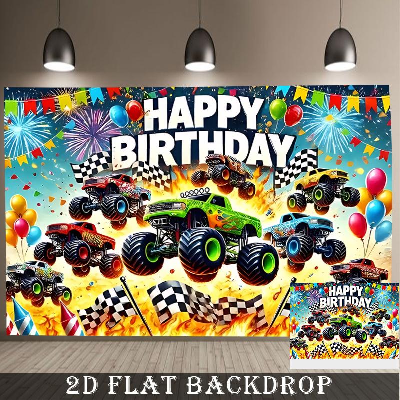 2D Plane, Featuring a Birthday Greeting Banner with a Giant Truck, Balloons, Fireworks and Grid Flags - Wheel-shaped Design