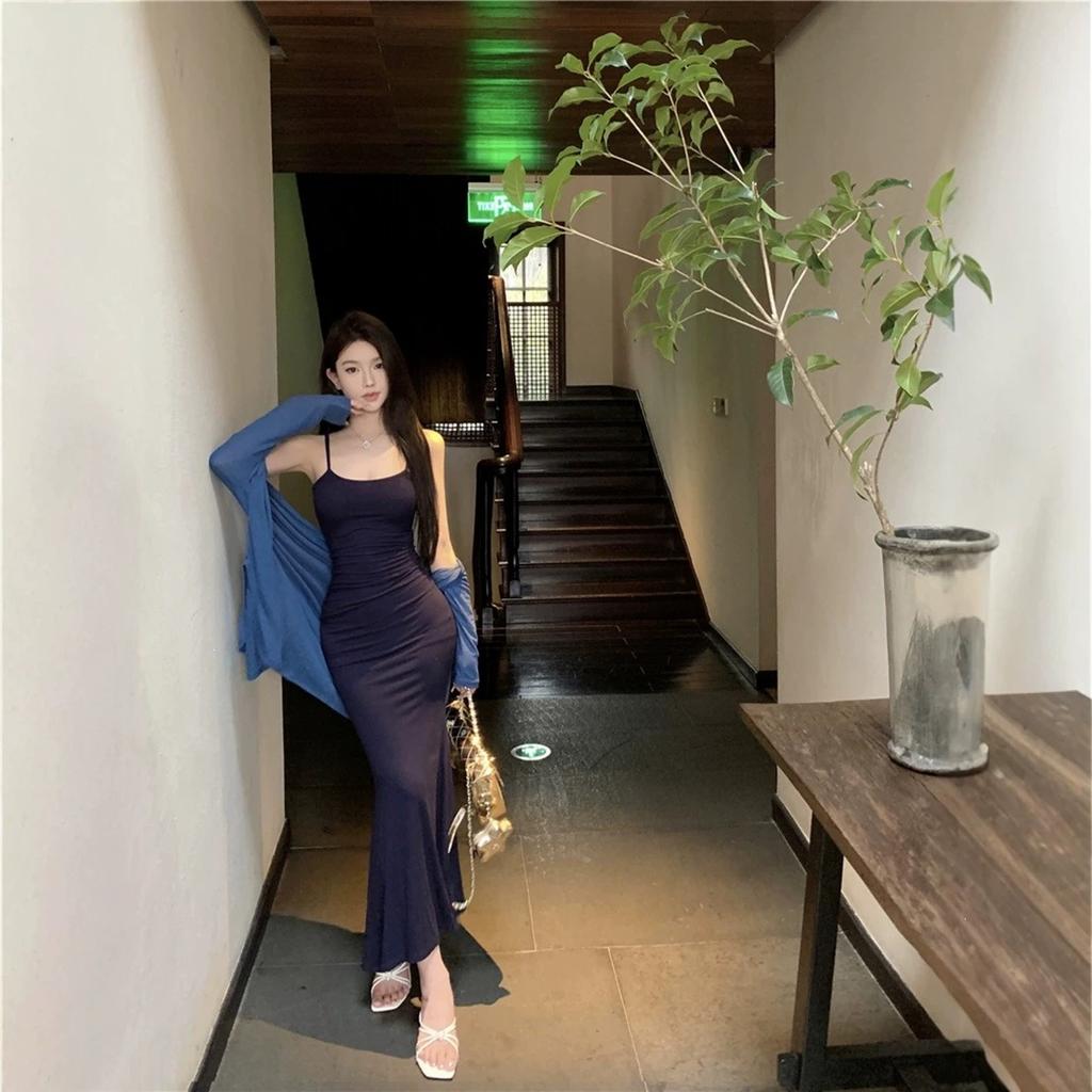 Summer New Tight Suspender Dress Women's Black Waist Slim and Thin Skirt Fishtail Hip-wrapped Long Dress