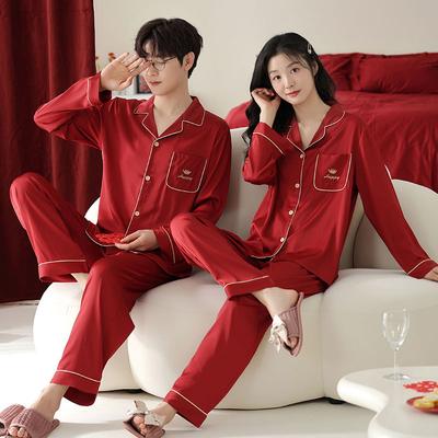 Couple Pajamas Women'S Thin Ice Silk Long-Sleeved Red Wedding Men'S Loungewear Suit