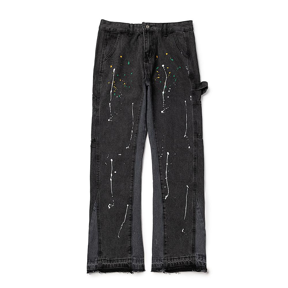 FlowStreet Retro American Torn Fringe Knee Patchwork Micro Flared Black Jeans Youth Fashion Straight Leg Workwear Trousers Wear Resistant