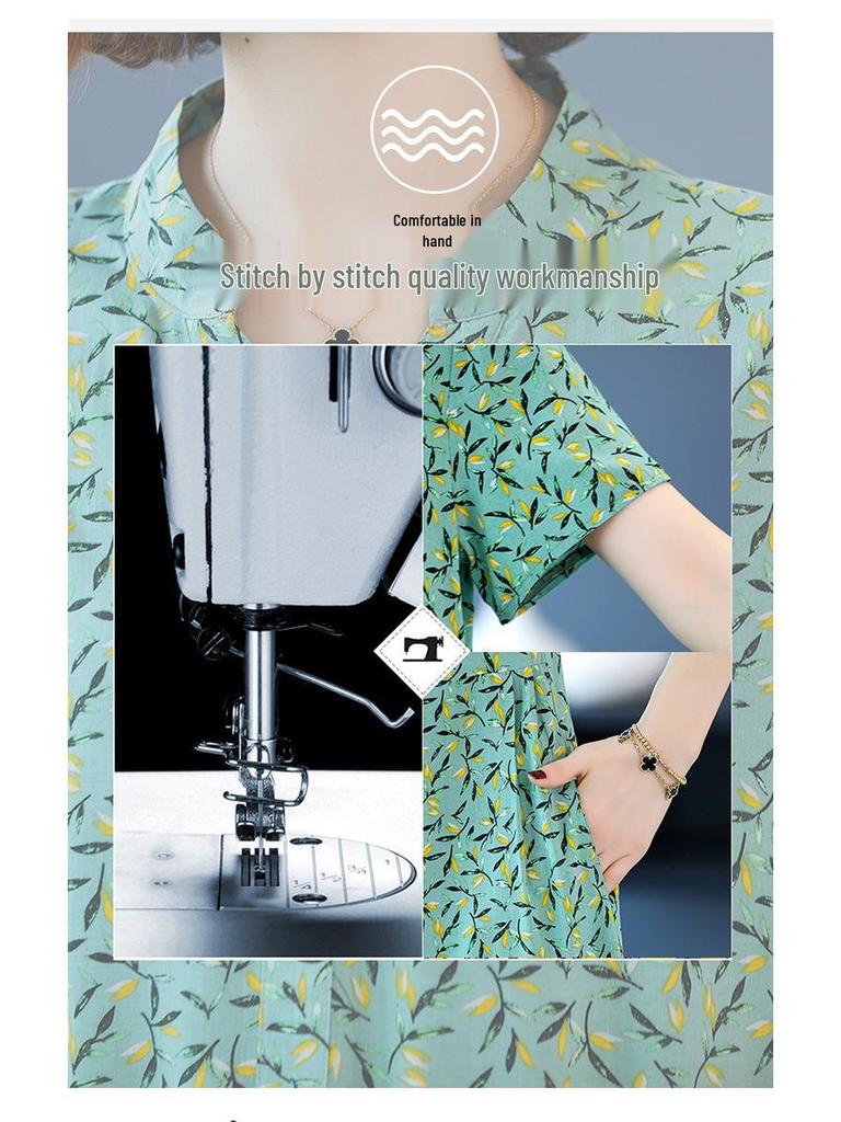2024 Women's Floral Mid-Length Cotton Silk Slimming Plus Size Skirt Dress