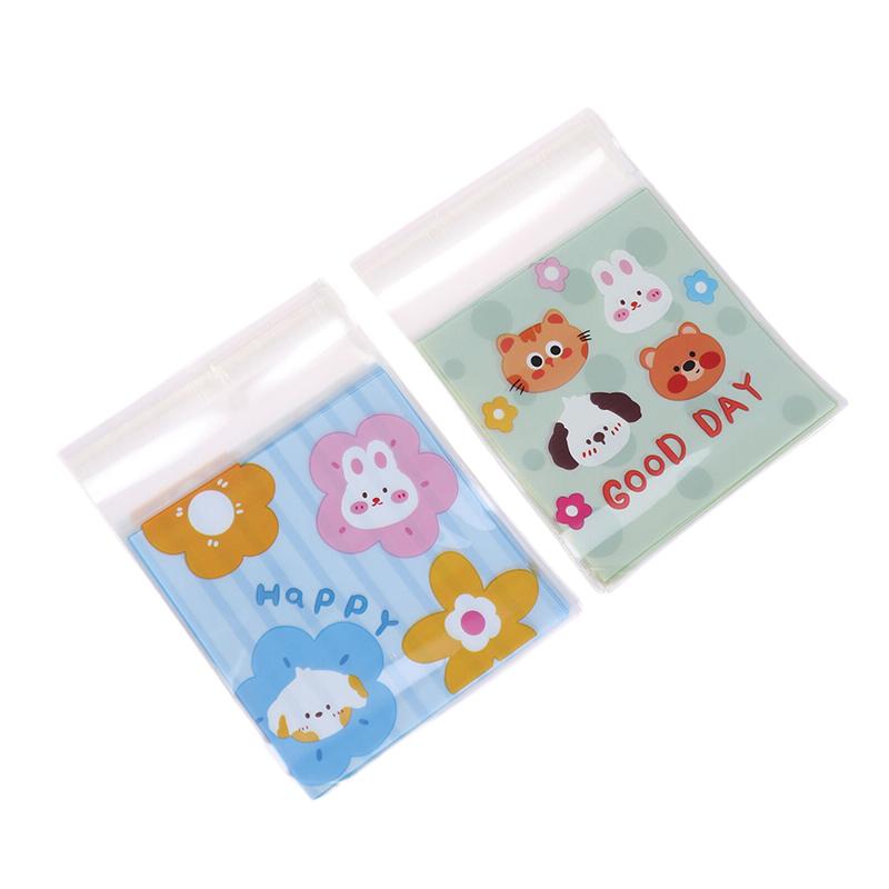 100Pcs 7X7+3Cm 10X10+3Cm Cute Cartoon Animal Printed Plastic Self-Adhesive Bags Cookie Biscuits Snack Package For Home Bakeries