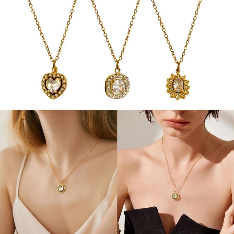 Versatile Geometric Charm Necklace With Sparkling Rhinestones Stainless Steel Clavicle Chain Adjustable Jewelry