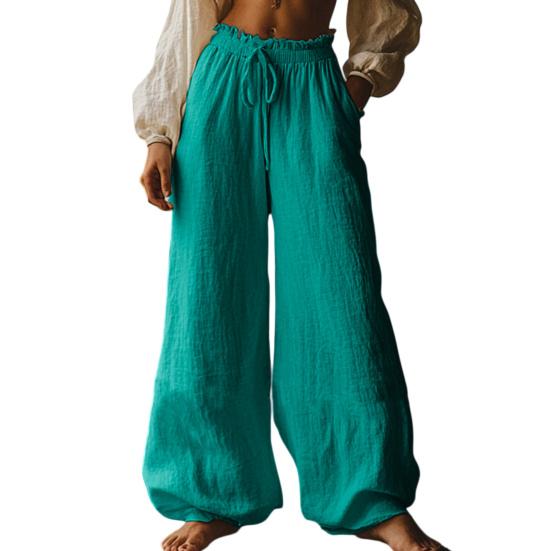 Women Pants High Waist Wide Leg Loose Fit Drawstring Elastic Waist Bohemian L зелёный