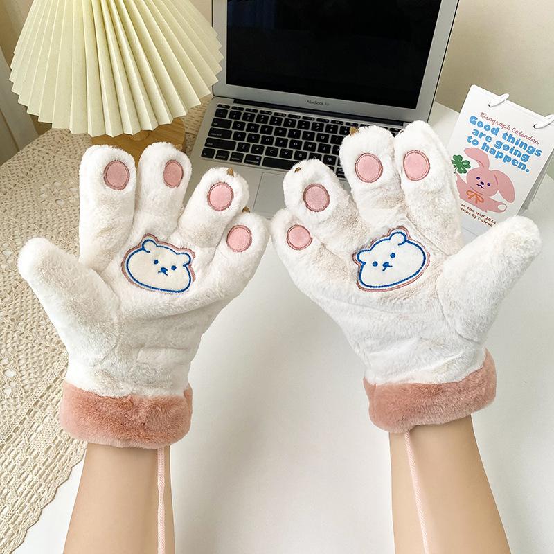 Little Bear Paw Fluffy Gloves Winter Girls To Keep Warm Fleece and Thickened Bear Paws Outdoor Bicycling Cute Cartoon Gloves New