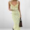 Sleeveless Floral Printed Sweet Suspender Dress Bright Light Yellow Lace-up Ruffled Long Dress Stylish Low Cut Party Ladies Bodycon Dresses
