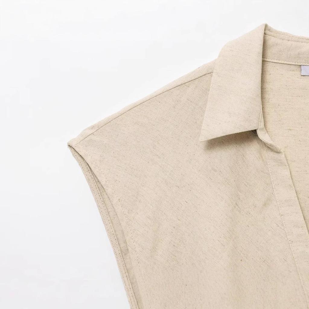 2025 Summer Women's Linen Set: Short Top with Buckle Detail & Midi Skirt