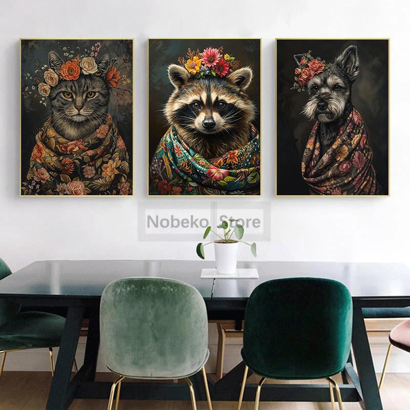 Vintage Animal with Flower Poster Dog Cat Rabbit Raccoon Garland Prints Canvas Painting Wall Art Pictures Home Room Nature Decor