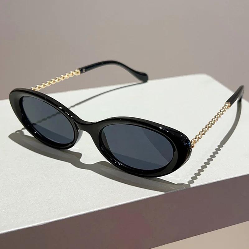 New In Luxury Brand Designer Small Frame Oval Sunglasses Women For Men Vintage Fashion Sun Glasses Punk Metal Chain Shades Uv400