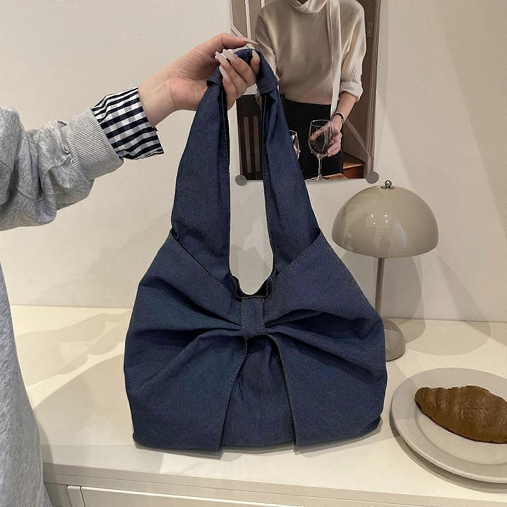 Japanese Style Women's Underarm Bag With Bows Decoration Jeans Shoulder Bag Casual Satchel Handbag for Women and Girls Blue