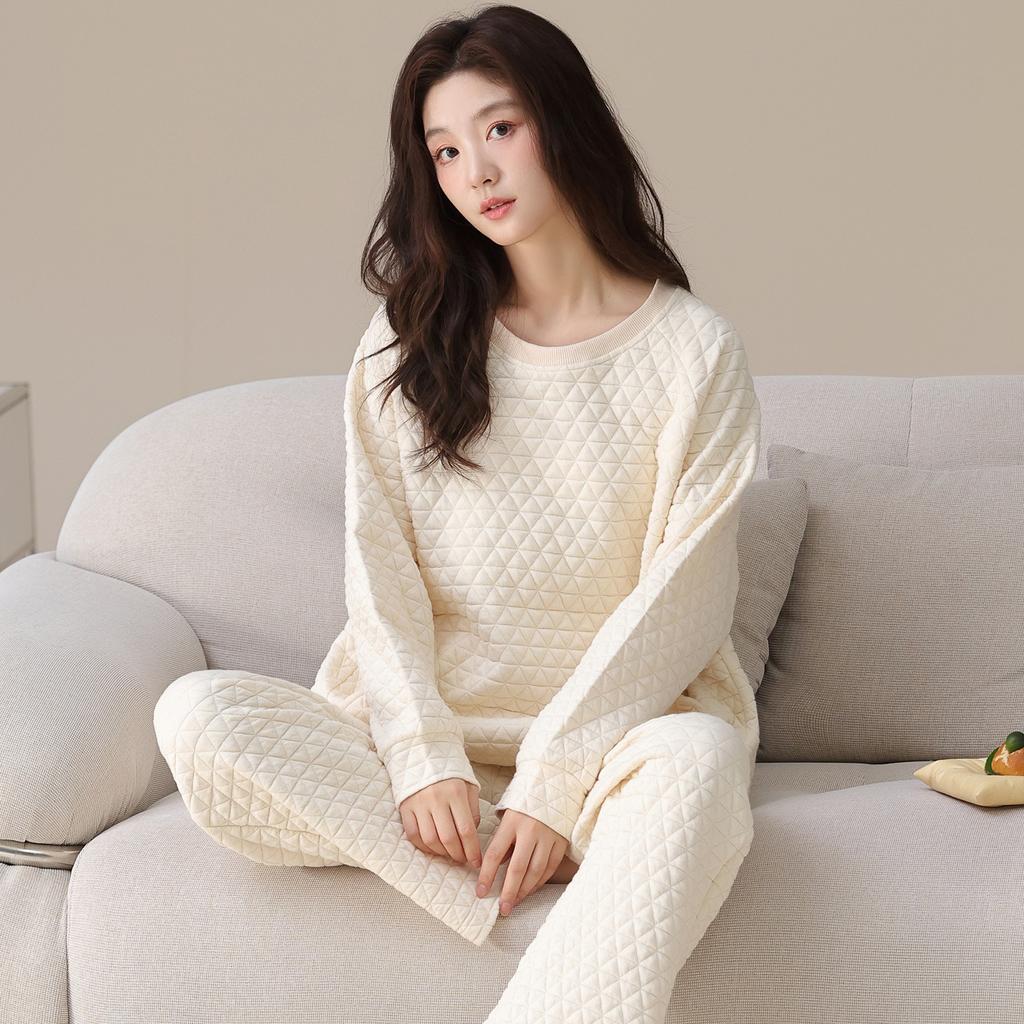 Air Cotton Sandwich Pajamas Women'S Autumn And Winter Cotton Long-Sleeved Thickened And Wearable Loungewear Set