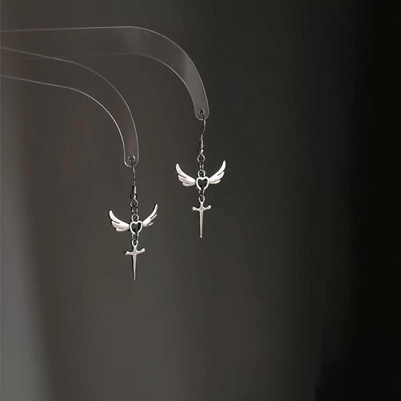 Japanese Sweet Rhinestone Heart and Angel Wings Earrings